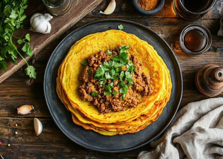 Spiced Lamb Dancing On Golden Turmeric Pancakes 1 Minced Lamb And Turmeric Pancakes