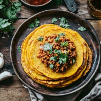 Spiced Lamb Dancing On Golden Turmeric Pancakes 2 Minced Lamb And Turmeric Pancakes