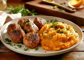 Pork Apple Meatballs With Sweet Potato Mash