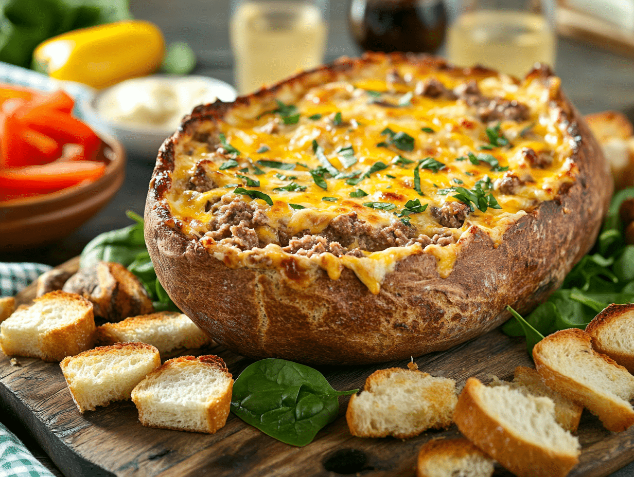 Cheesy Minced Beef Dip In A Crusty Cob Loaf