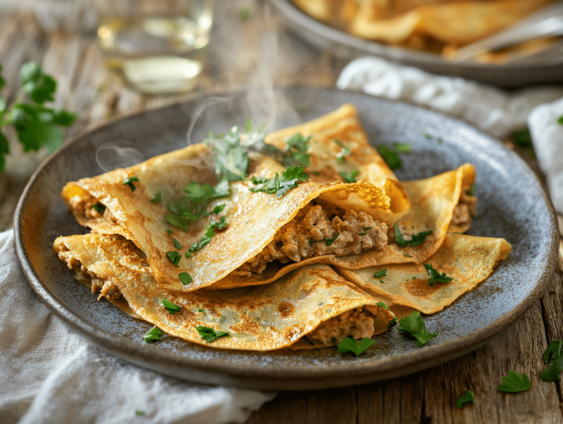 Elegant French Crêpes Filled With Zesty Chicken Mince 1 Chicken Mince And Dijon Mustard Crêpes