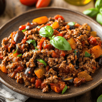 Spicy Lamb And Sicilian Caponata: A Mediterranean Fusion 2 Spicy Minced Lamb With Sicilian Caponata