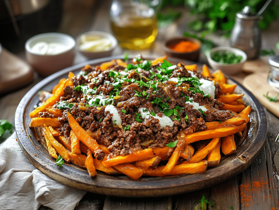 Loaded Sweet Potato Fries With Spicy Beef Mince 1 Loaded Beef Mince Sweet Potato Fries