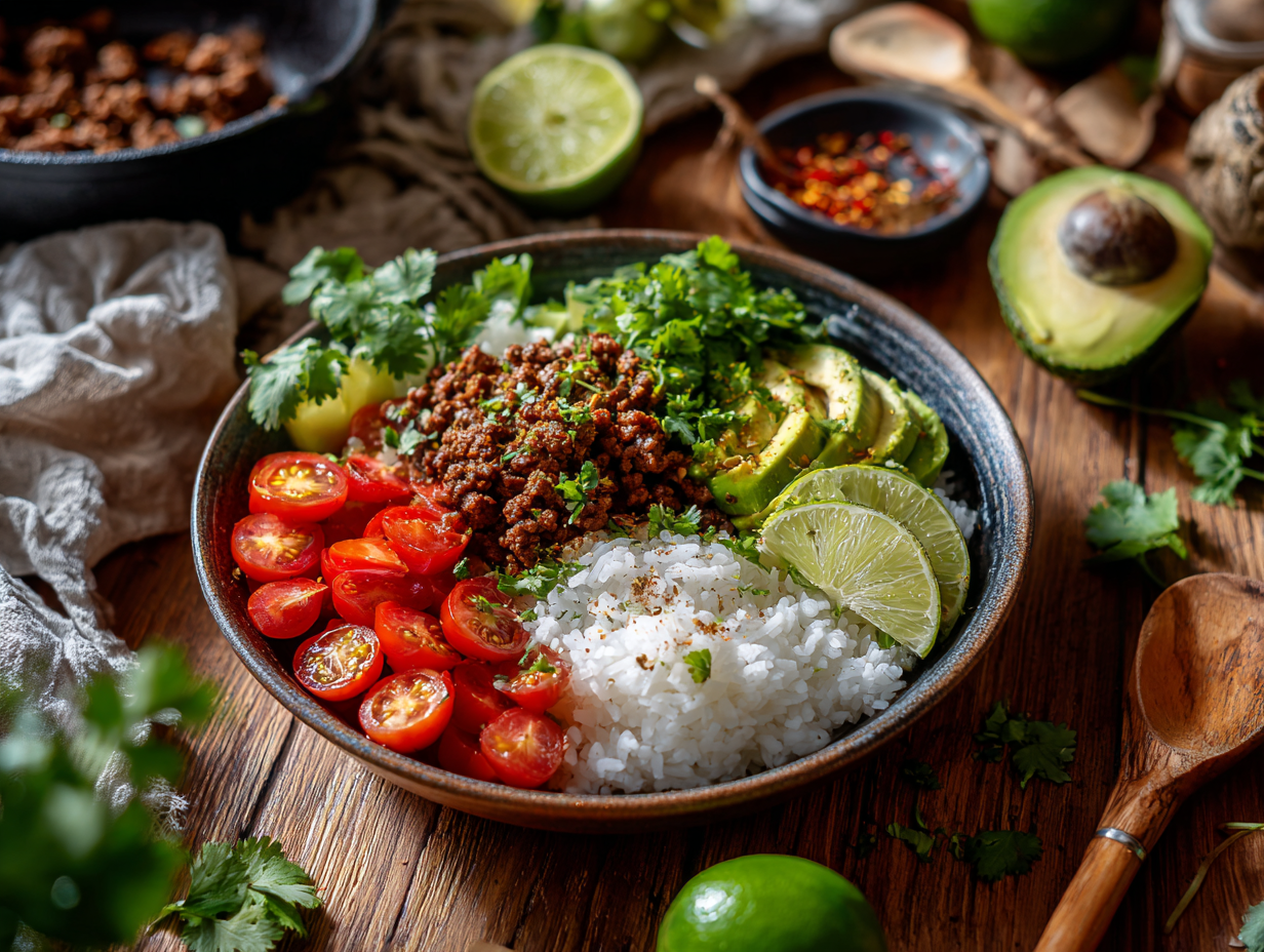 Beef Mince And Avocado Rice Bowls