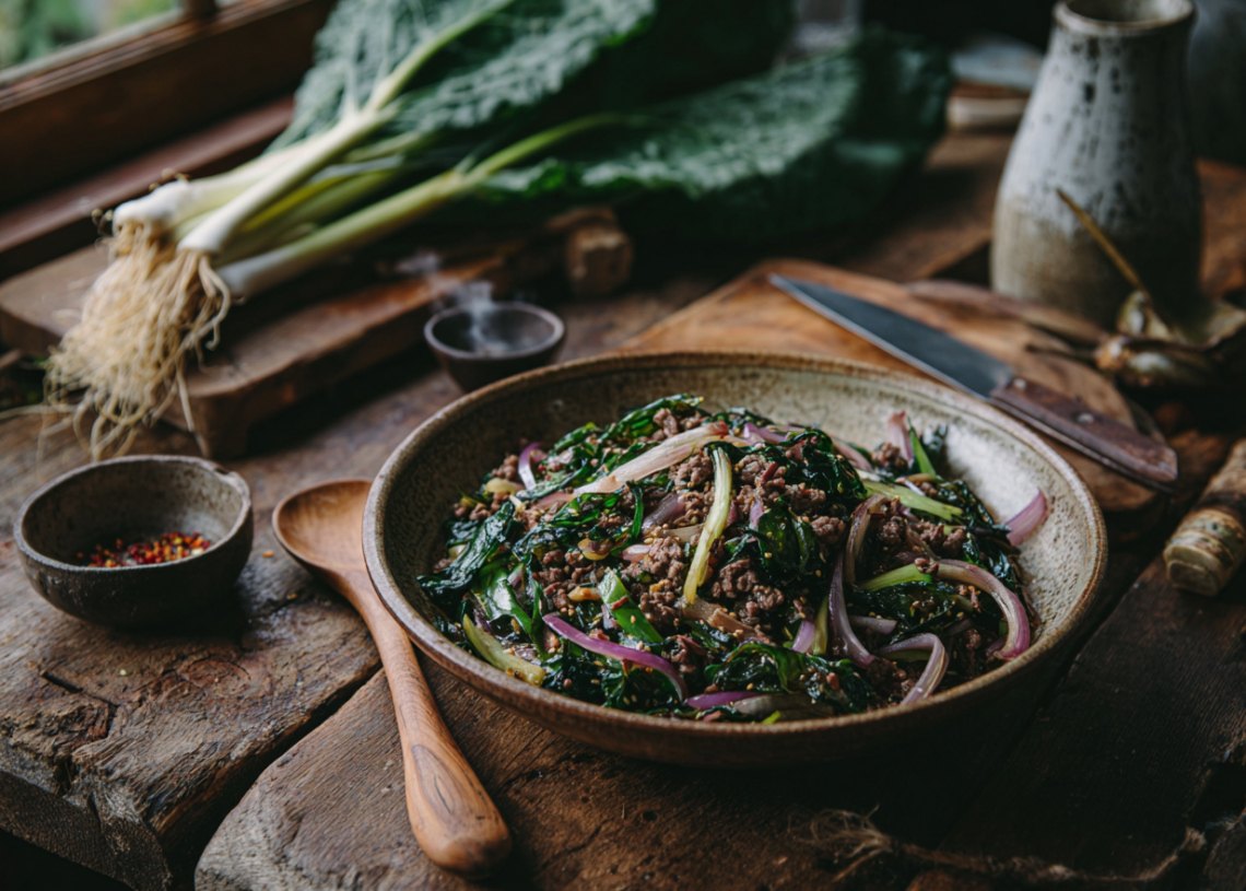 Minced Lamb And Puha Stir Fry